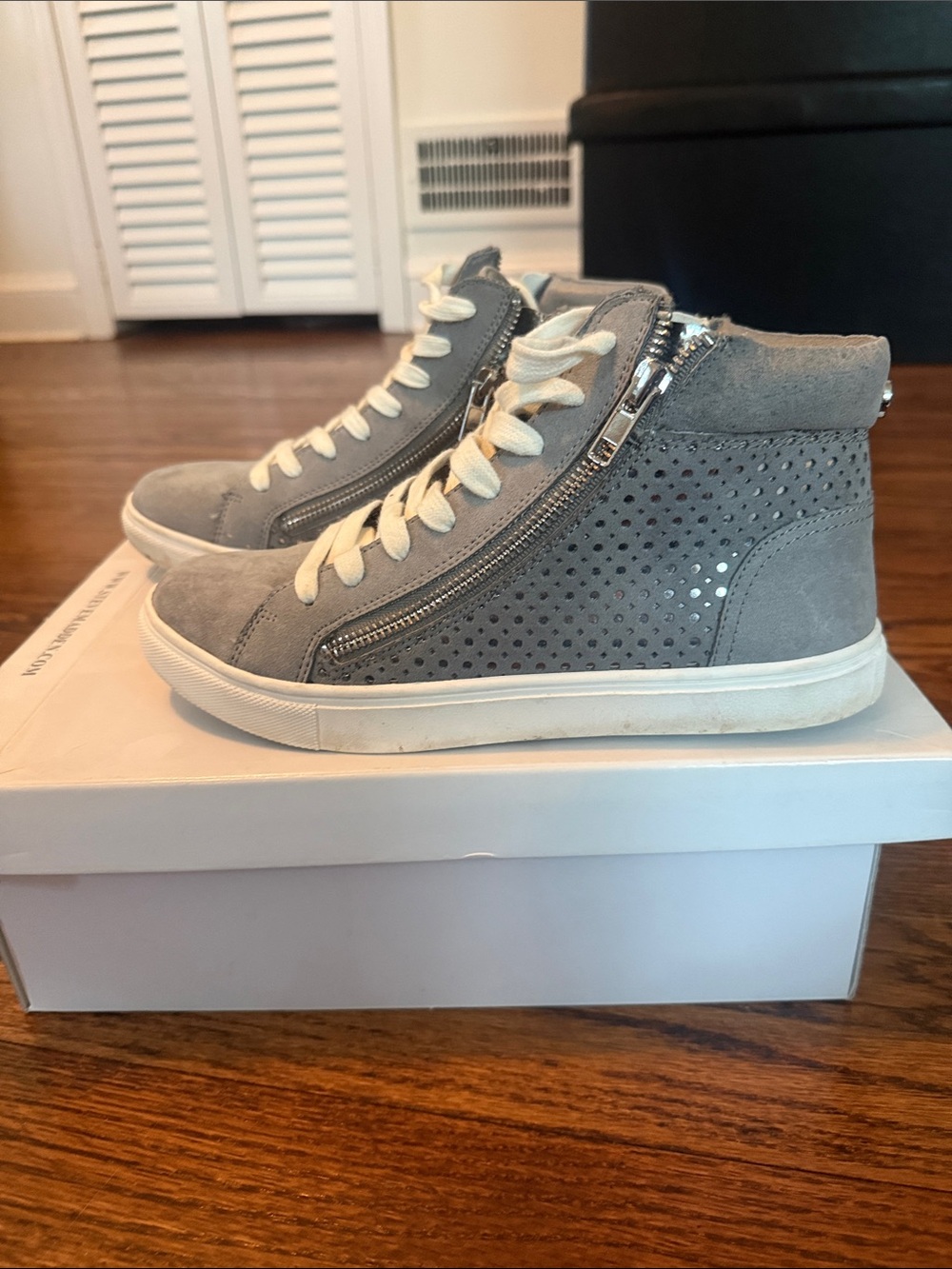 Steve Madden Light Gray Perforated High-Top Sneakers with Side Zipper